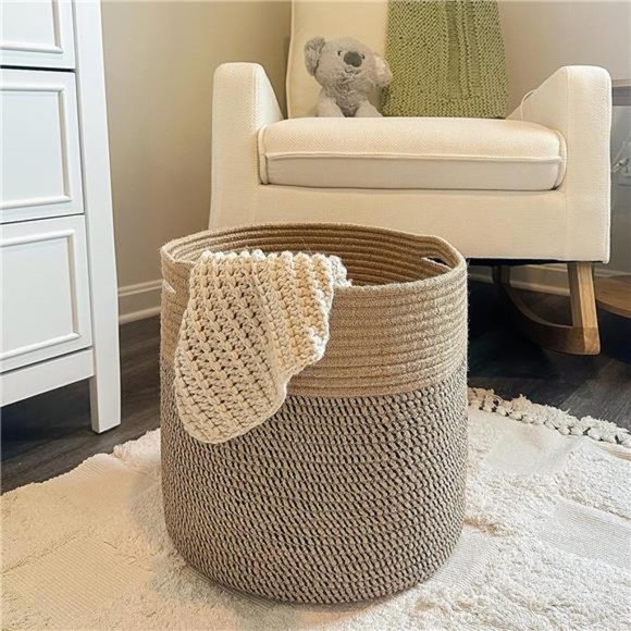 Large Cotton Rope Basket 15.8"x15.8"x13.8-Baby Laundry Woven Blanket Nursery Bin - Picture 3 of 7